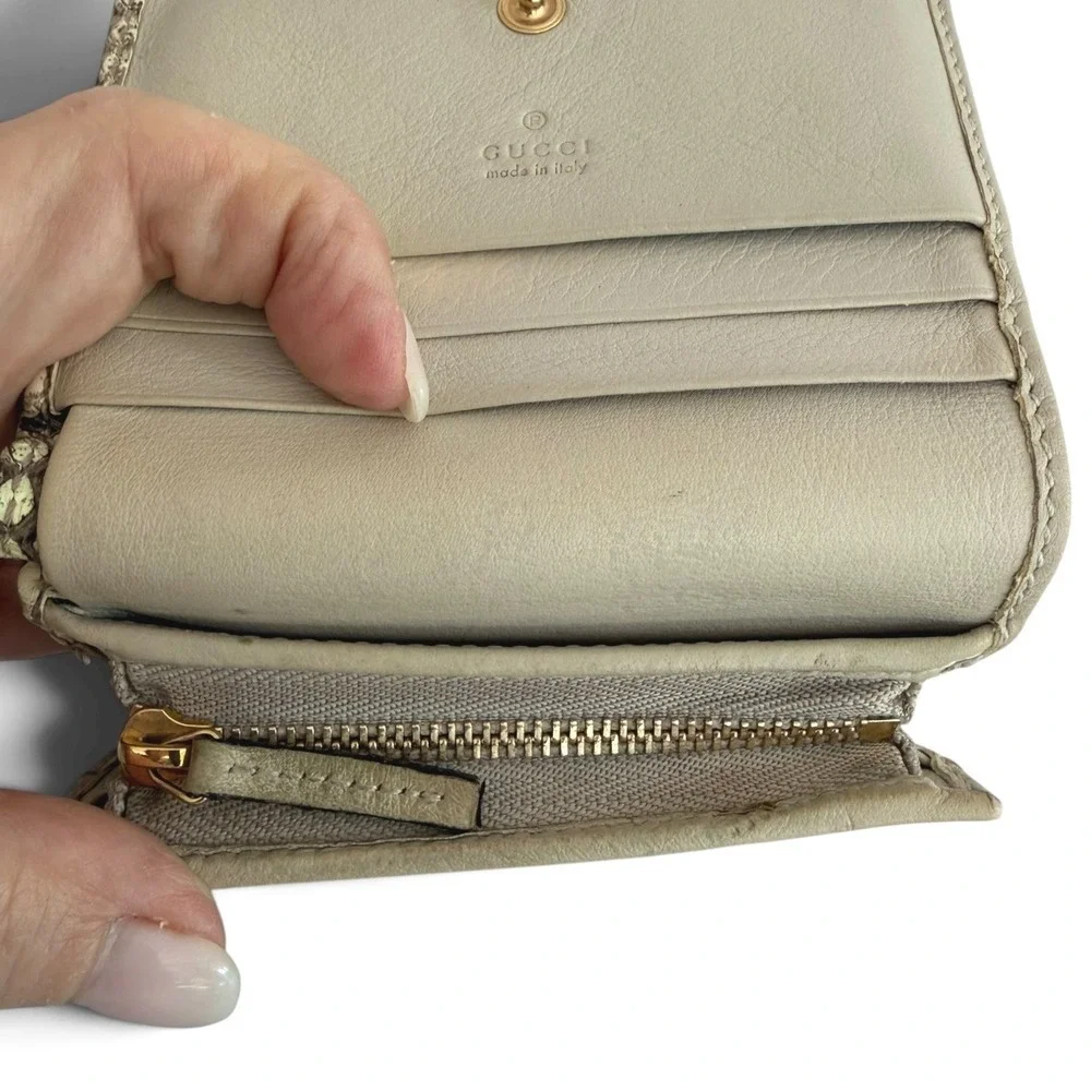 Gucci GG Marmont Python Wallet Beige Snakeskin Compact Flap Gold Logo